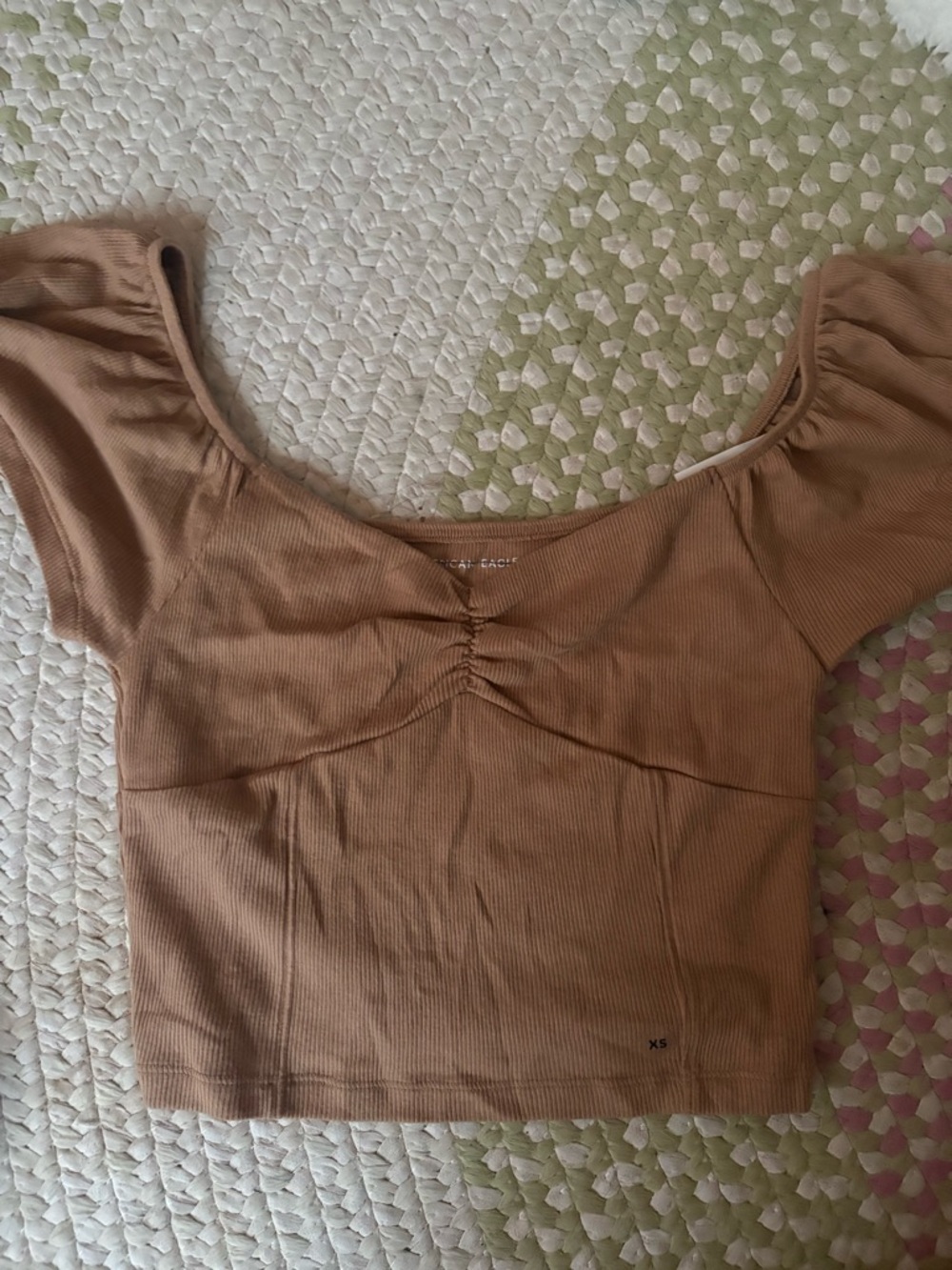 American Eagle Outfitters Ruched Scoop Crop Top in Tan